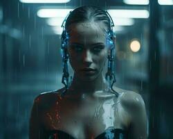 ein Frau im das Regen mit Neon- Beleuchtung auf ihr Kopf generativ ai foto