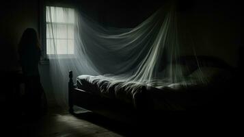 ein Frau ist Stehen im Vorderseite von ein Bett mit ein Blatt Über es generativ ai foto