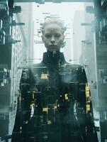 ein Frau Stehen im Vorderseite von ein futuristisch Stadt generativ ai foto