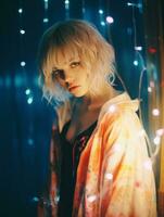 ein Frau mit blond Haar Stehen im Vorderseite von Beleuchtung generativ ai foto
