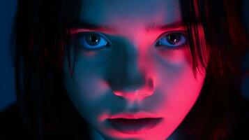 ein Frau mit Blau und rot Beleuchtung auf ihr Gesicht generativ ai foto