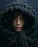 ein Frau mit lockig Haar und ein schwarz Kapuzenpullover generativ ai foto