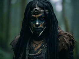 ein Frau mit Dreadlocks und Gesicht Farbe im das Wald generativ ai foto