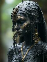 ein Frau mit Gold und schwarz Farbe auf ihr Gesicht generativ ai foto