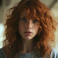 ein Frau mit rot lockig Haar und Blau Augen generativ ai foto