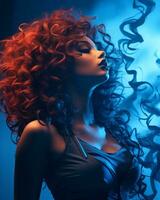 ein Frau mit rot lockig Haar und Rauch Kommen aus von ihr Haar generativ ai foto