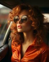 ein Frau mit rot Haar und Sonnenbrille Sitzung im das zurück Sitz von ein Auto generativ ai foto