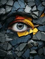ein Frauen Auge ist im das Mitte von ein geknackt Mauer generativ ai foto