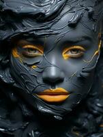 ein Frauen Gesicht gemalt mit schwarz und Gelb Farbe generativ ai foto