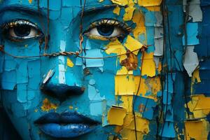 ein Frauen Gesicht gemalt mit Blau und Gelb Farbe generativ ai foto