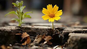 ein Gelb Blume wachsend aus von ein Riss im das Boden generativ ai foto