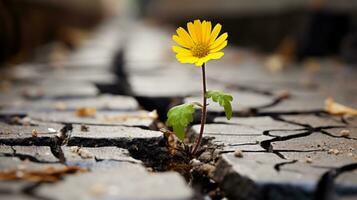 ein Gelb Blume ist wachsend aus von ein Riss im das Boden generativ ai foto