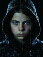 ein jung Junge im ein Kapuzenpullover mit binär Code auf seine Gesicht generativ ai foto