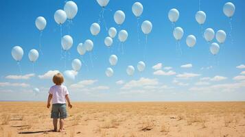 ein jung Junge Stehen im das Mitte von ein Feld mit viele Weiß Luftballons schwebend im das Luft generativ ai foto