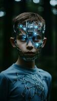 ein jung Junge tragen ein futuristisch Maske im das Wald generativ ai foto