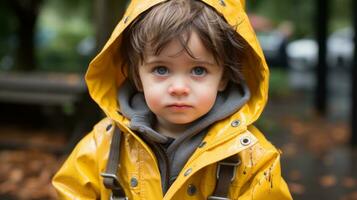 ein jung Kind tragen ein Gelb Regenjacke generativ ai foto