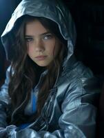 ein jung Mädchen im ein Silber Jacke Sitzung im das zurück Sitz von ein Auto generativ ai foto