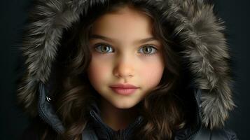 ein jung Mädchen im ein Winter Mantel mit groß Grün Augen generativ ai foto