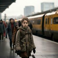 ein jung Mädchen mit ein Rucksack Gehen auf ein Plattform beim ein Zug Bahnhof generativ ai foto