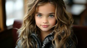 ein jung Mädchen mit lange Haar und Blau Augen generativ ai foto