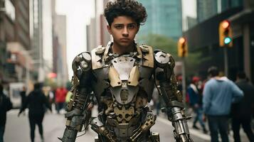 ein jung Mann im ein Metall passen auf das Straße generativ ai foto