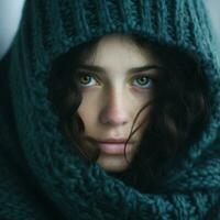 ein jung Frau mit Grün Augen und ein gestrickt Schal generativ ai foto