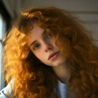 ein jung Frau mit lange rot Haar suchen beim das Kamera generativ ai foto