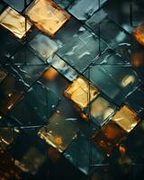 ein abstrakt Bild von ein Glas Mauer mit Gold und Orange Quadrate generativ ai foto
