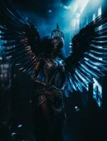 ein Engel mit Flügel Stehen im das dunkel generativ ai foto
