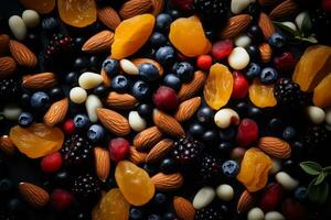 ein Sortiment von Früchte und Nüsse auf ein schwarz Hintergrund generativ ai foto