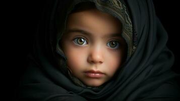 ein Bild von ein wenig Mädchen tragen ein schwarz Schal generativ ai foto