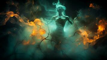 ein Bild von ein Frau umgeben durch Feuer und Rauch generativ ai foto