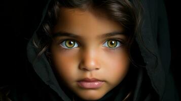 ein Bild von ein jung Mädchen mit Grün Augen generativ ai foto