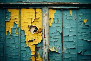 ein alt Blau Tür mit Gelb Farbe Peeling aus generativ ai foto