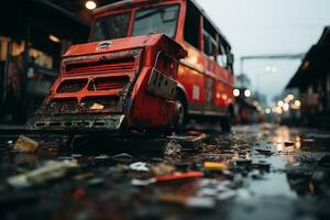ein alt rot Bus Sitzung auf ein schmutzig Straße generativ ai foto