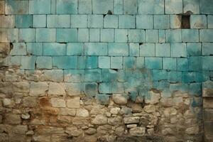 ein alt Stein Mauer mit Blau Fliesen auf es generativ ai foto