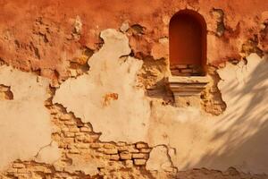 ein alt Mauer mit ein Fenster im es und Peeling Farbe generativ ai foto