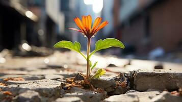 ein Orange Blume wachsend aus von ein Riss im das Boden generativ ai foto