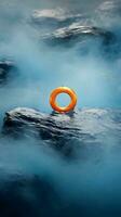 ein Orange Ring sitzt auf oben von ein Felsen im das Ozean generativ ai foto