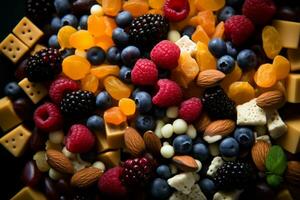 sortiert Obst und Nüsse auf ein schwarz Hintergrund generativ ai foto