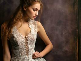 schön jung Frau im Weiß Kleid posieren gegen dunkel Hintergrund generativ ai foto