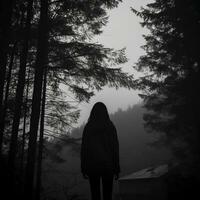 schwarz und Weiß Foto von ein Person Stehen im das Wald generativ ai