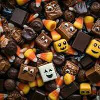 Schokolade Süßigkeiten mit Halloween Gesichter und Süßigkeiten Mais generativ ai foto