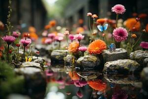 bunt Blumen und Schmetterlinge sind reflektiert im ein Pfütze von Wasser generativ ai foto
