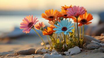 bunt Blumen auf das Strand beim Sonnenuntergang generativ ai foto