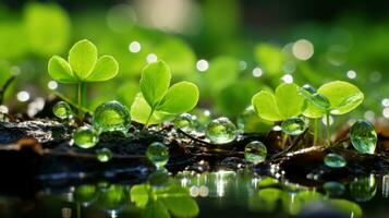 Grün Blätter und Wasser Tröpfchen auf das Boden generativ ai foto