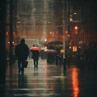 Menschen Gehen im das Regen mit Regenschirme generativ ai foto