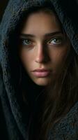 Porträt von ein schön jung Frau mit dunkel Haar und Grün Augen generativ ai foto