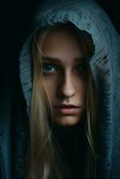 Porträt von ein jung Frau mit Blau Augen generativ ai foto