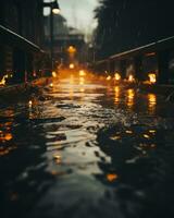 regnerisch Straße beim Nacht mit Straße Beleuchtung generativ ai foto